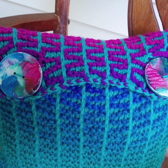 Hand Crafted Knit Throw Pillow Cerulean Blue Magenta Turquoise Green Painte… - Picture 5 of 6
